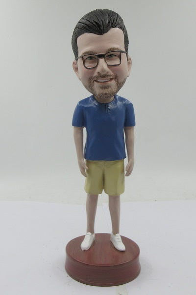 Casual Guy in Henley T-Shirt and Shorts Bobblehead